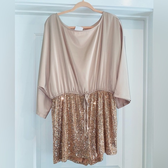 Khaki Sequin Patchwork Drawstring High Waist Romper - Picture 4 of 6